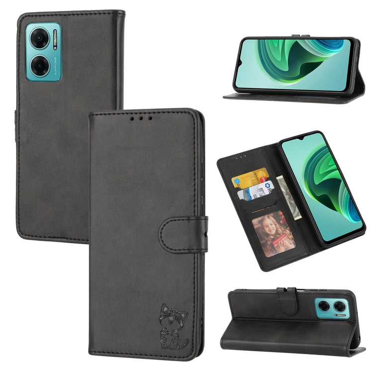 Black embossed cat pattern leather wallet phone case with flip cover and card holder