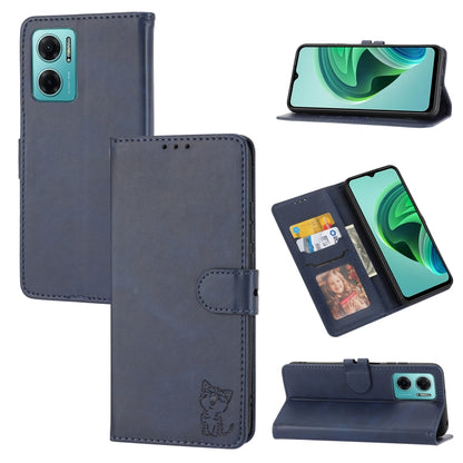 Navy embossed cat pattern leather wallet phone case with flip cover and card holder
