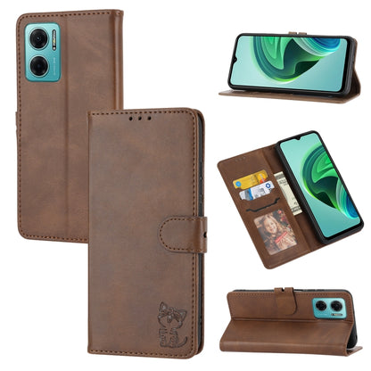 Mocha embossed cat pattern leather wallet phone case with flip cover, strap, and card holder
