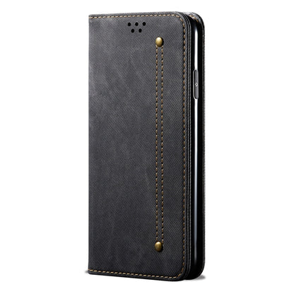 Denim-texture flip leather phone case, dark gray with vertical stitching and snap hardware