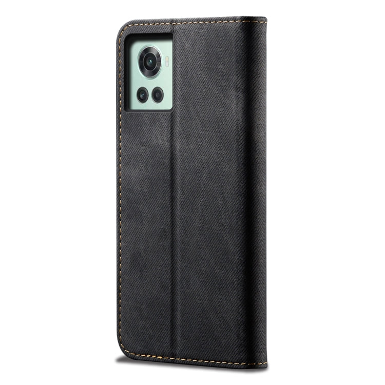 Denim-texture flip leather phone case back view with camera cutout and gold stitching