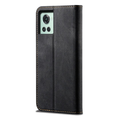 Denim-texture flip leather phone case back view with camera cutout and gold stitching