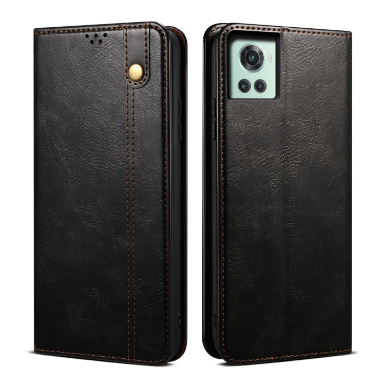 Crazy horse leather phone case with side button cutout, dark finish, brown stitching