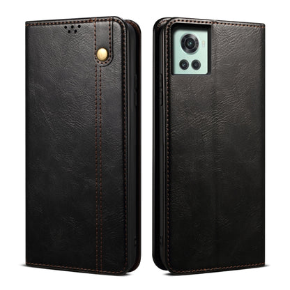 Crazy horse leather phone case with side button cutout, dark finish, brown stitching