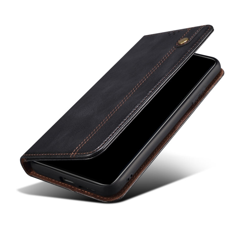 Slim folio leather phone case with flip cover and stand, dark texture, brown stitching