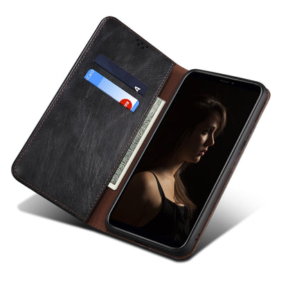 Leather wallet phone case with card slots and kickstand, dark exterior with tan lining