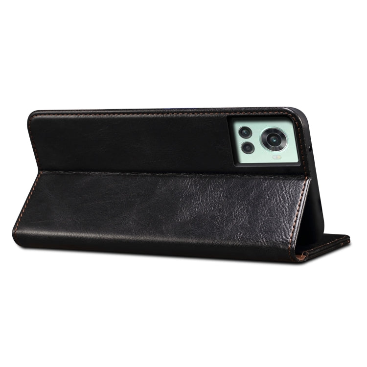 Flip leather phone case with phone camera opening, dark texture, standing angle