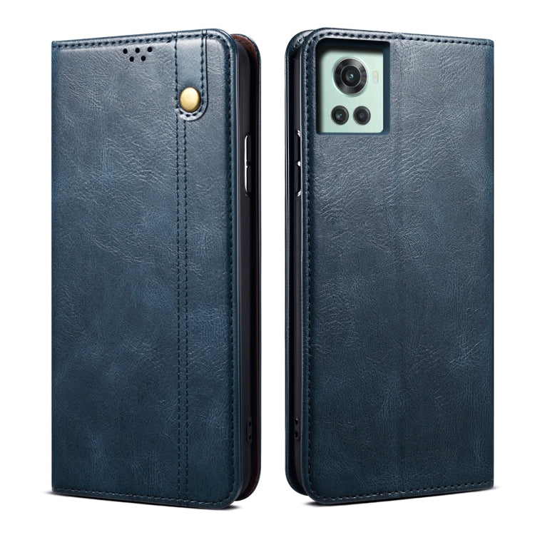 Oil wax leather phone case, blue, with magnetic flap, camera cutout, and side buttons
