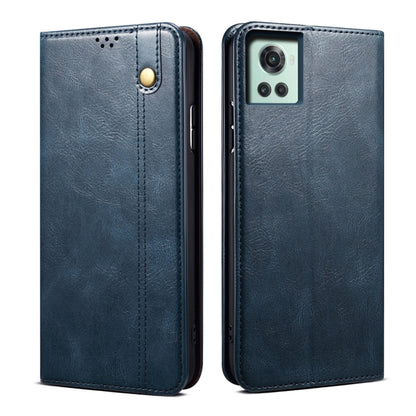 Oil wax leather phone case, blue, with magnetic flap, camera cutout, and side buttons