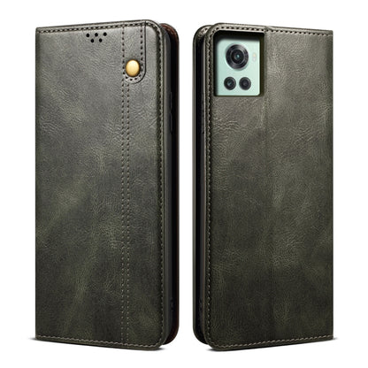 Oil wax leather phone case, dark green, front and back views with camera cutout