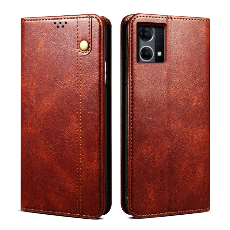 Oil wax leather phone case, brown, front and back views with camera opening and stitching