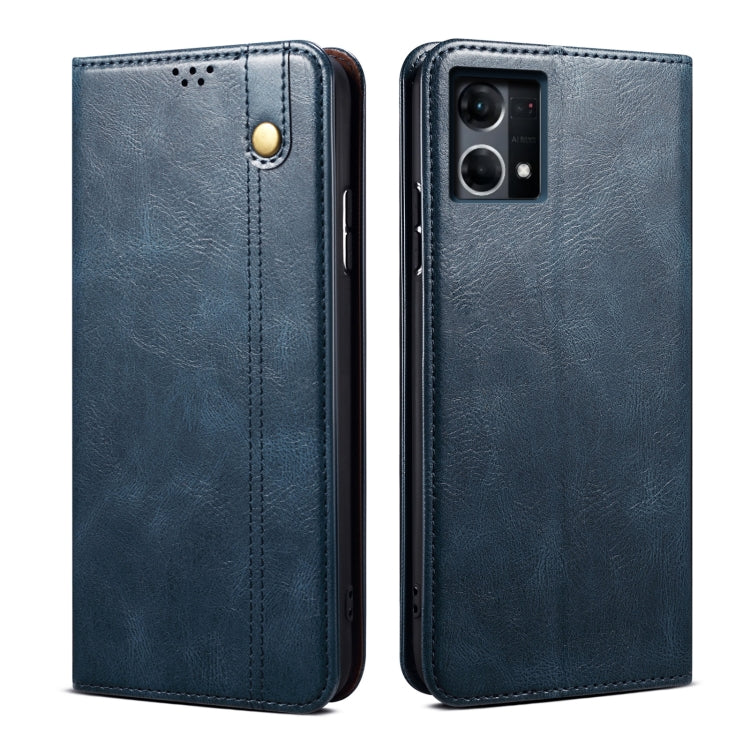 Oil wax leather phone case, blue, textured leather with camera cutout and stitched edges