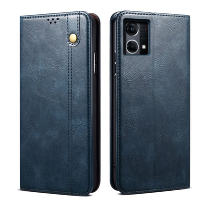 Oil wax leather phone case, blue, textured leather with camera cutout and stitched edges
