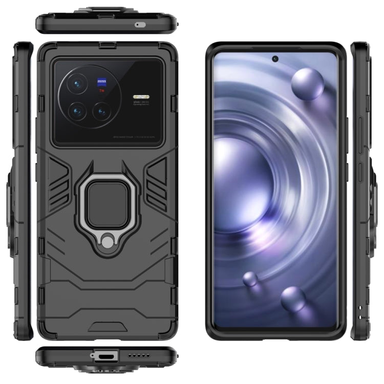 Rugged shockproof phone case with magnetic ring holder, dark gray/black, front and back.