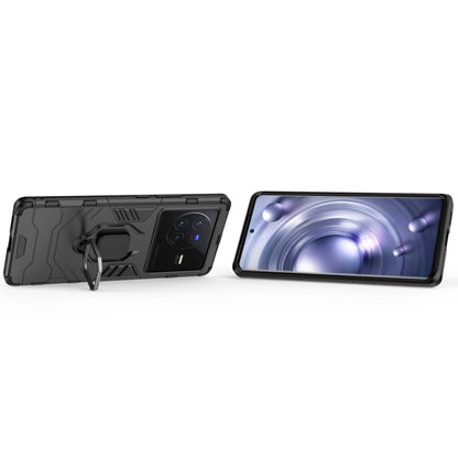 Shockproof phone case with magnetic ring holder, dark gray/black, side profile view.