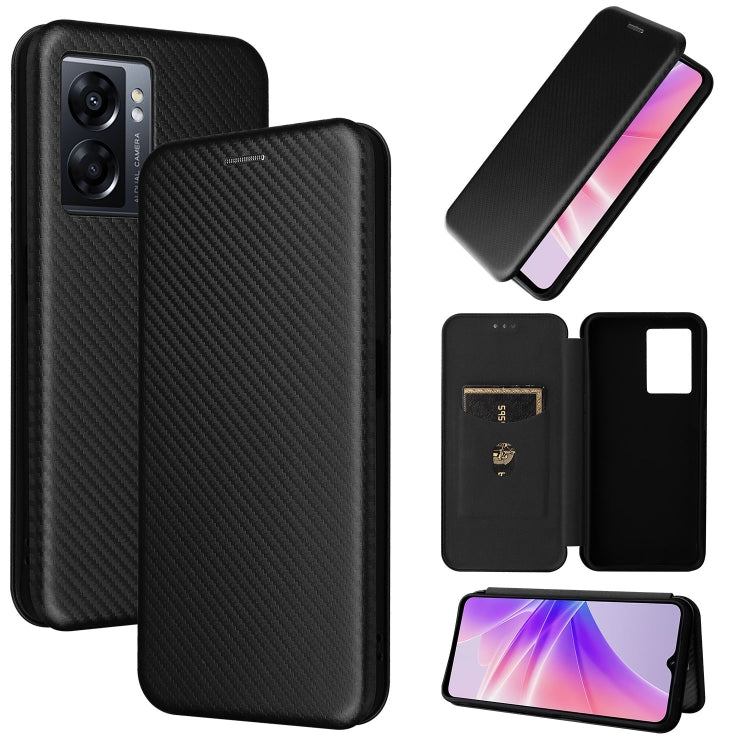 Carbon fiber texture magnetic leather phone case with flip cover and viewing stand.