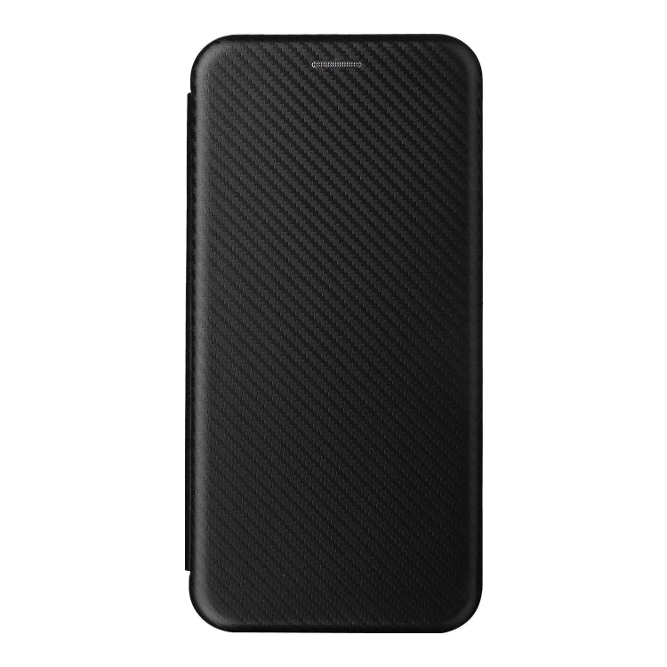 Black carbon fiber texture flip phone case with magnetic closure and smooth back panel.