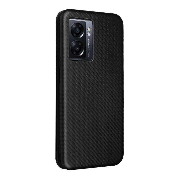 Black carbon fiber texture phone case showing camera cutout and slim flip design.