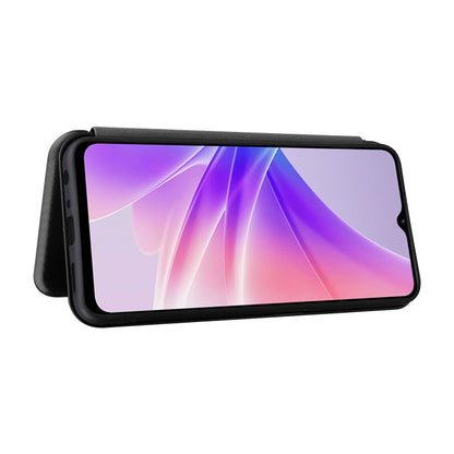 Black flip phone case folded behind; screen view with colorful abstract wallpaper.