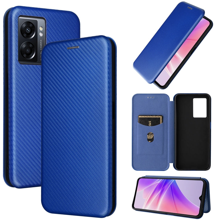 Magnetic leather phone case with carbon fiber texture, blue