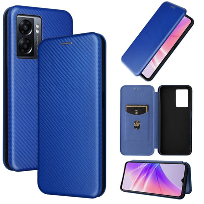 Magnetic leather phone case with carbon fiber texture, blue