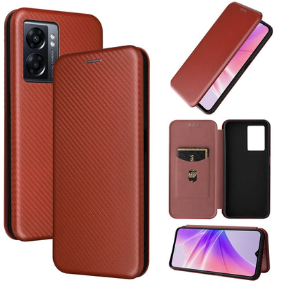 Magnetic leather phone case with carbon fiber texture, brown