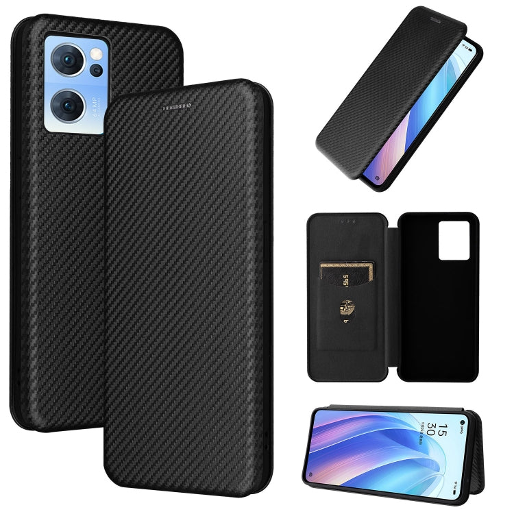 Carbon fiber texture magnetic leather phone case set: back, front, open wallet, and stand.