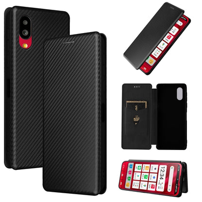 Carbon fiber texture magnetic leather flip phone case with camera cutouts and card holder.