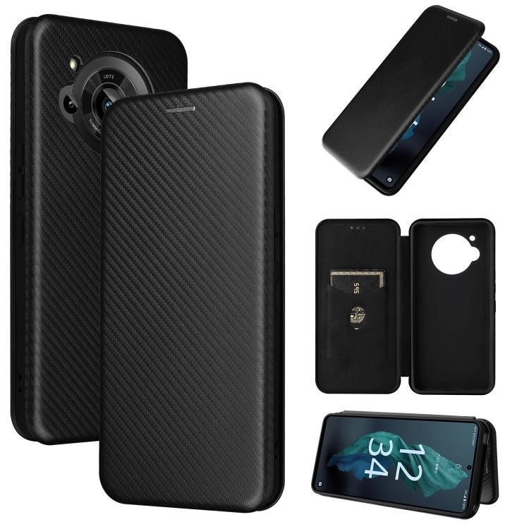 Magnetic leather phone case with carbon fiber texture, black