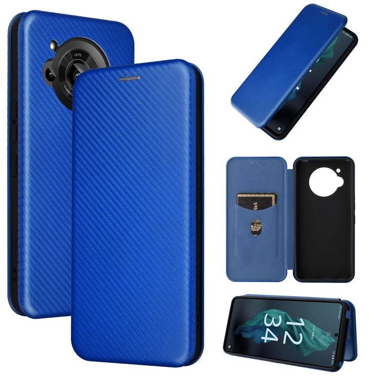 Magnetic leather phone case with carbon fiber texture, blue