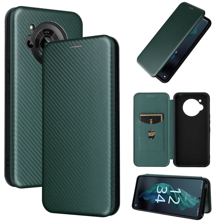 Green magnetic leather phone case with carbon-fiber texture, card slot, and camera cutout