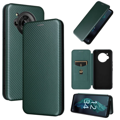 Green magnetic leather phone case with carbon-fiber texture, card slot, and camera cutout