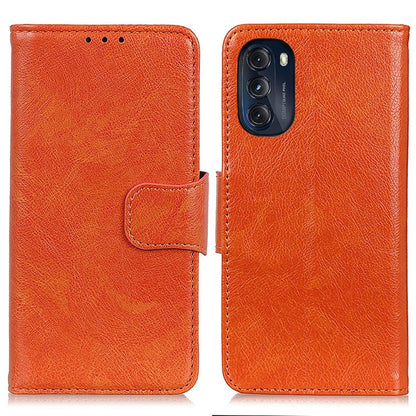 Orange leather folio phone case with flip cover and card holder strap