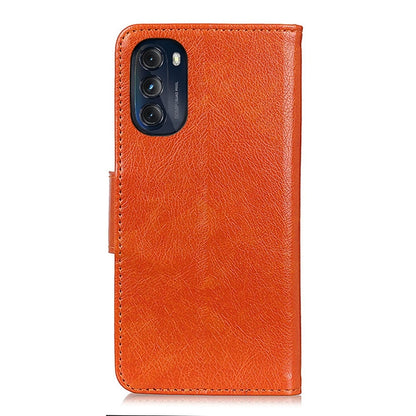 Orange leather flip phone case with camera cutout and side stitching
