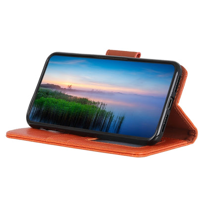 Orange leather folio phone case opened to hold a smartphone