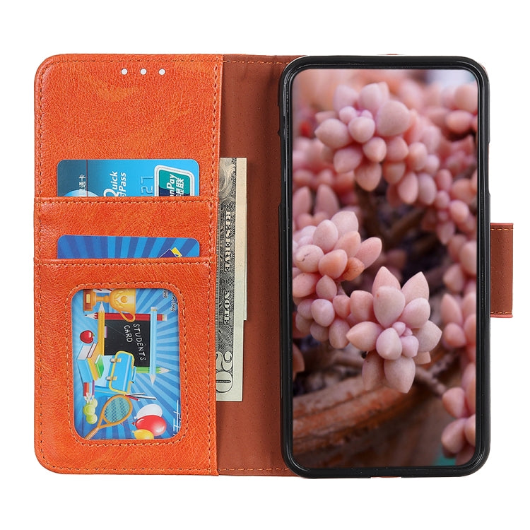 Orange leather wallet phone case with card slots and photo window pocket