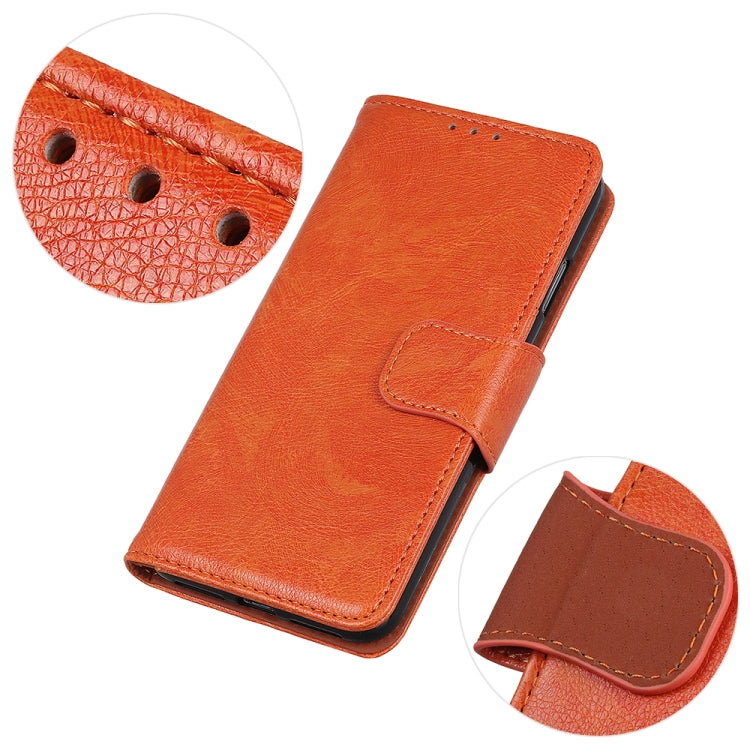 Orange leather folio phone case with corner openings and snap-close detail