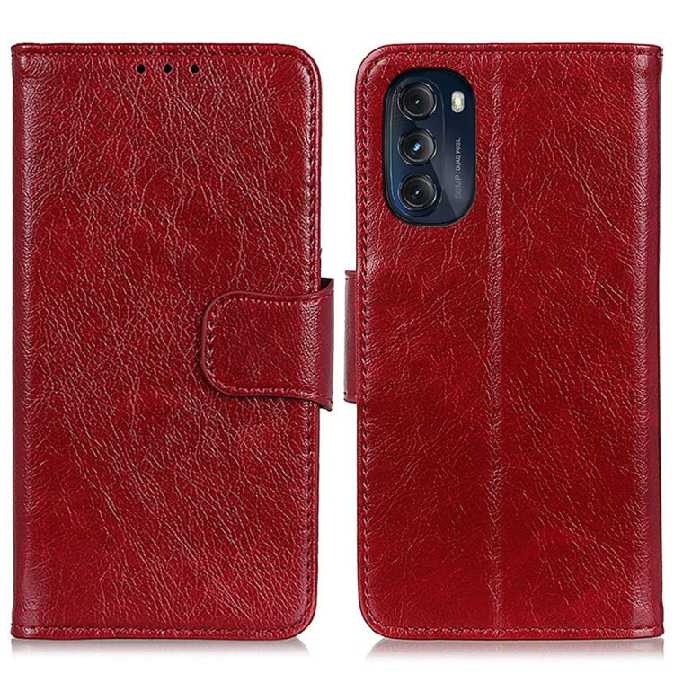 Red leather folio phone case with flip cover and front camera opening