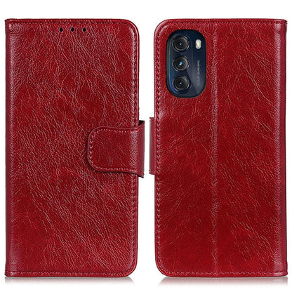 Red leather folio phone case with flip cover and front camera opening