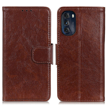 Brown leather folio phone case with flip cover and camera cutout