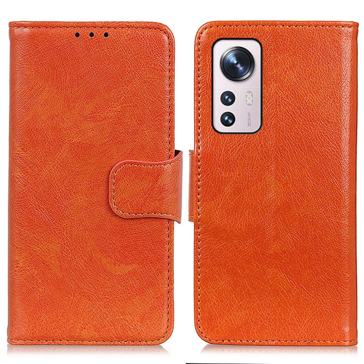 Orange nappa leather phone case, folio with front strap and cutout, camera opening.