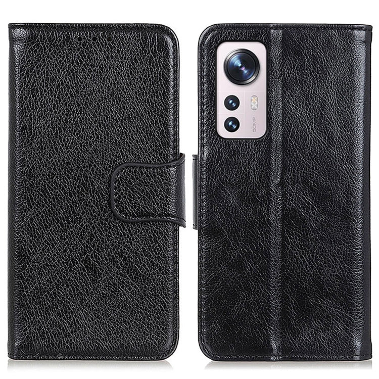 Black nappa leather phone case, folio with front strap and camera cutout.