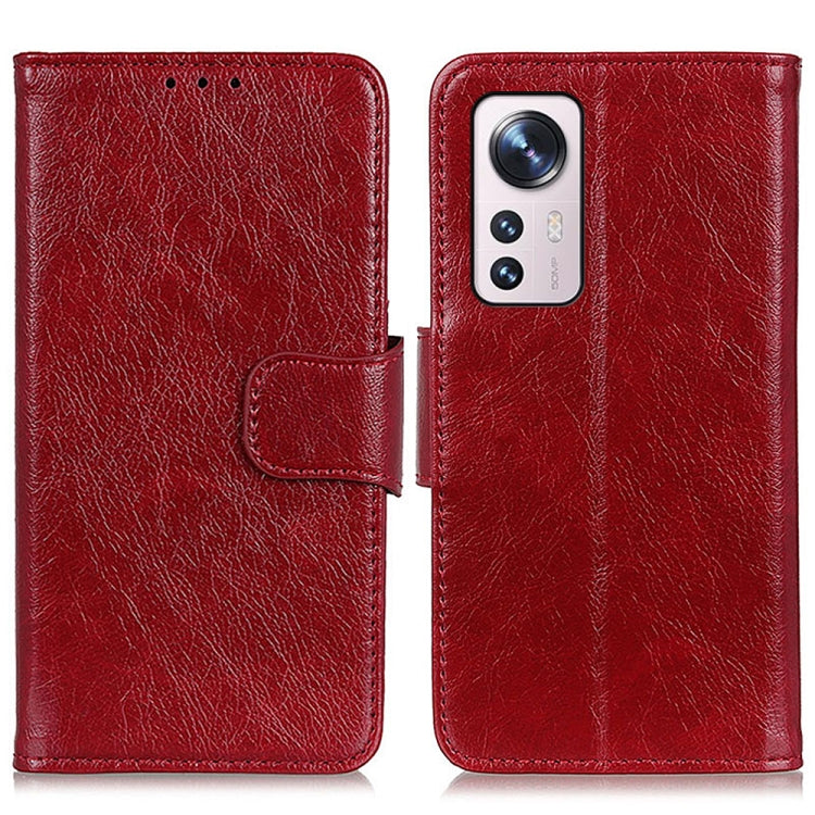 Red nappa leather phone case, folio with front strap and camera opening.