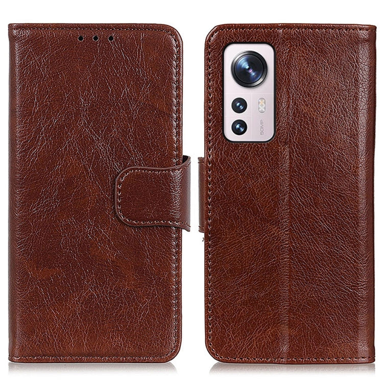 Brown nappa leather phone case, folio with front strap and camera cutout.