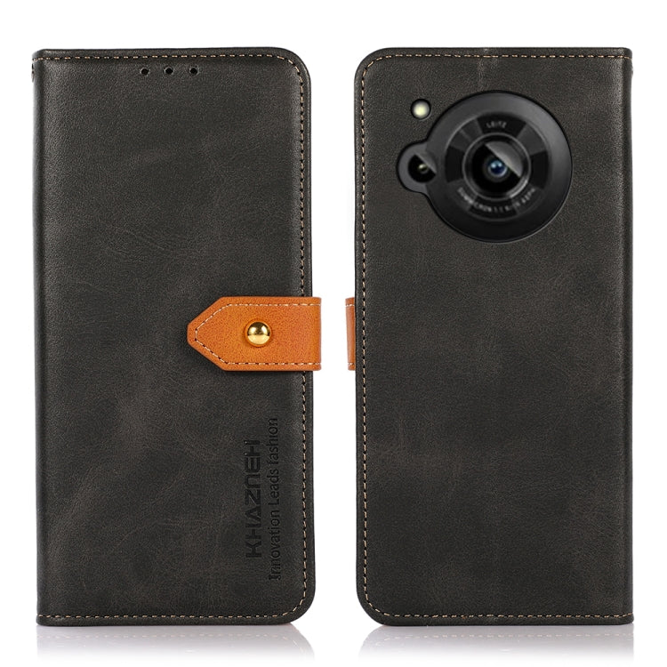 Dual-color cowhide-texture flip leather phone case, black with orange strap, camera cutout