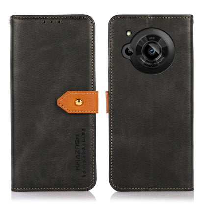 Dual-color cowhide-texture flip leather phone case, black with orange strap, camera cutout