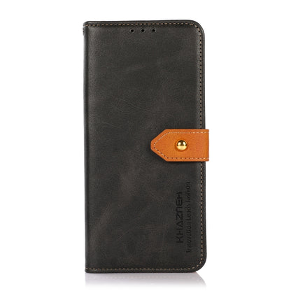 Black cowhide-texture flip leather phone case with orange button strap and side stitching