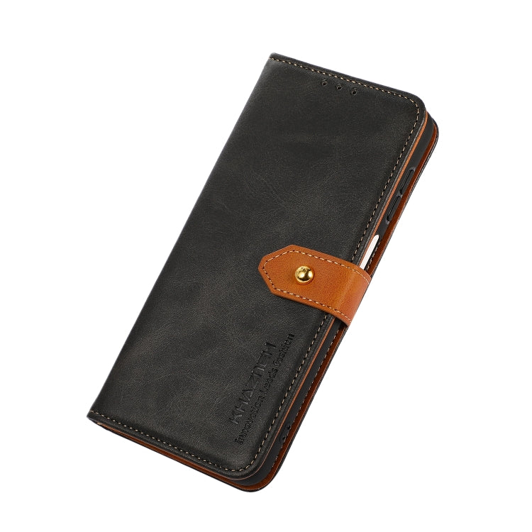 Black cowhide-texture flip leather phone case with orange button strap, side view