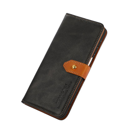 Black cowhide-texture flip leather phone case with orange button strap, side view