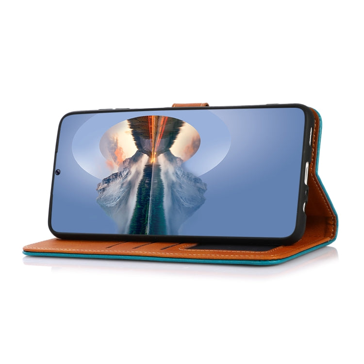 Orange cowhide-texture flip leather phone case in stand mode with orange edge trim